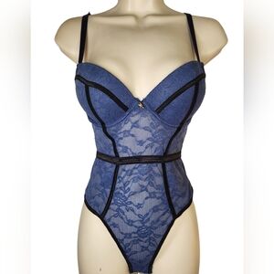 Frederick's of Hollywood Blue Lace Teddy Bodysuit Thong Open Back Size S